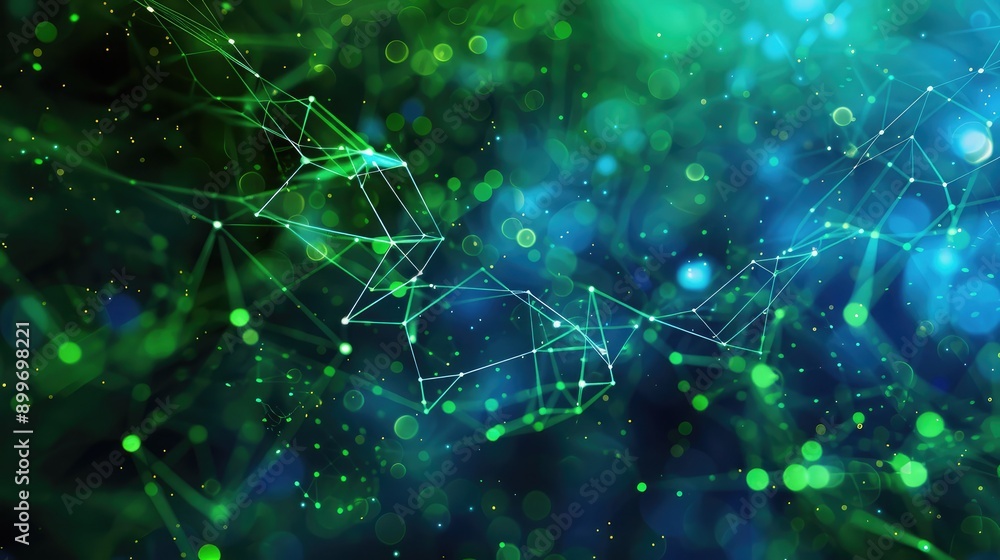 Poster blue and green network technology background with data flow patterns, illustrating modern communicat