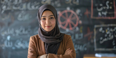 A confident asian Muslim woman wearing a hijab, stands with her arms crossed, looking directly at the camera.
