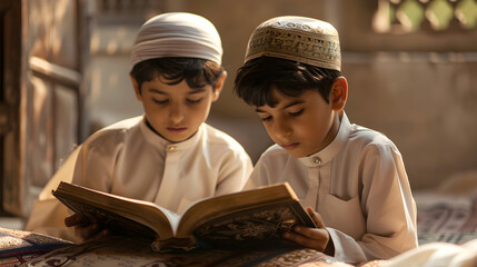 two young boys, dressed in pristine white traditional attire, are reading quran