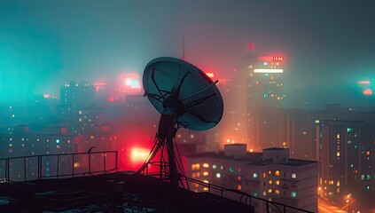 Satellite Dish on Rooftop at Night
