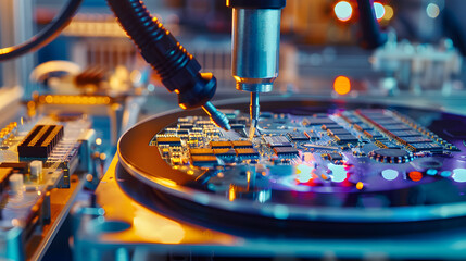 Advanced robotic soldering process on a circuit board.