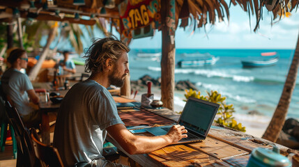 handsome businessman relaxing in a summer holiday, sitting on a beach resort table and working with laptop computer, beautiful beach background and evening vibes  