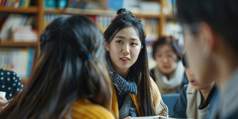 A group of asian young students are having a discussion in a library, focused on one female student talking