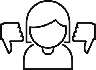 Simple icon of a woman with two thumbs down icons on each side, representing negative feedback or disapproval
