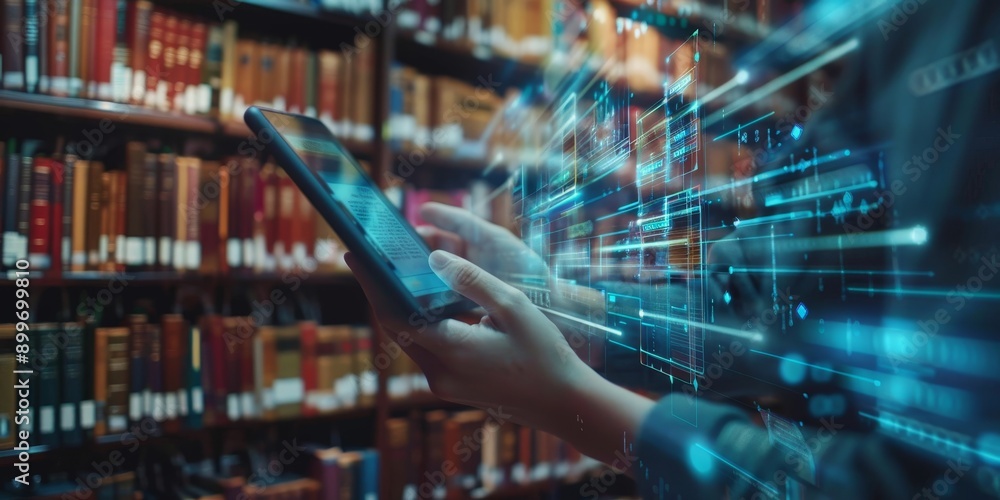 Poster a person browsing a virtual library with digital books, highlighting the accessibility and convenien