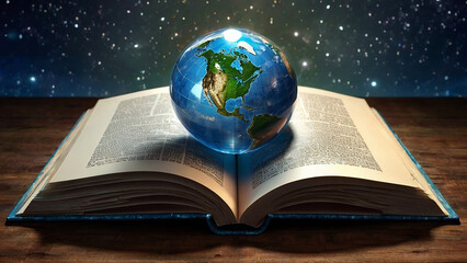 Open book with a globe on top of fantasy book, magic magical book with an orbiting Earth globe in a library.