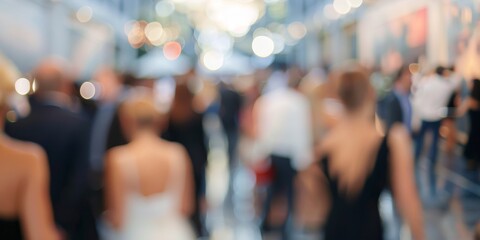 A defocused image capturing the excitement of a corporate event with a blurry crowd mingling in the background