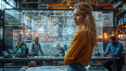 Confident Female Architect Presenting Project Plan on Electronic Display to Engineers in Meeting Room