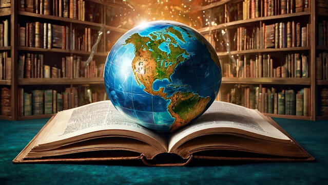 Open book with a globe on top of fantasy book, magic magical book with an orbiting Earth globe in a library.