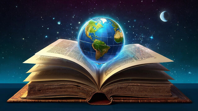 Open book with a globe on top of fantasy book, magic magical book with an orbiting Earth globe in a library.