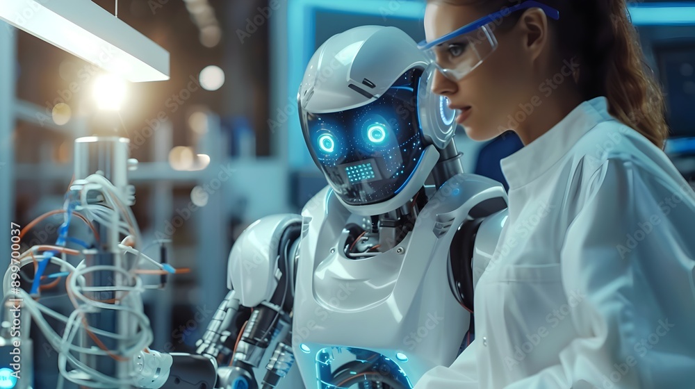 Poster ai driven robot and team of engineers collaborating in high tech laboratory