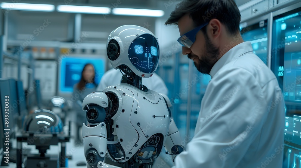 Poster ai powered robot collaborating with engineers in high tech laboratory