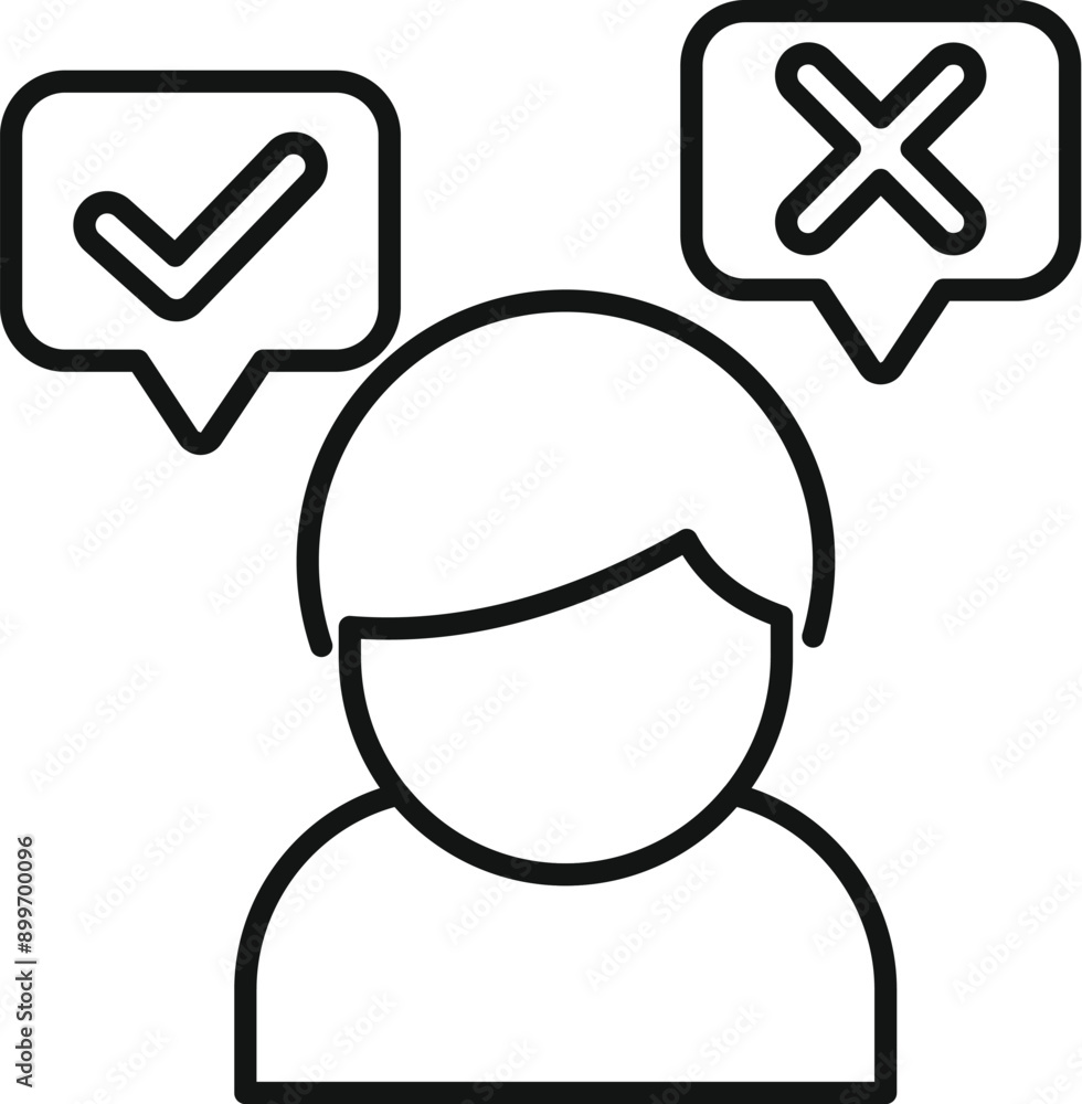 Poster line icon of a person with speech bubbles containing checkmark and cross mark, symbolizing decision 