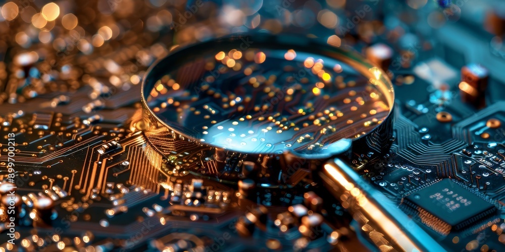 Aufkleber A magnifying glass inspecting network components, symbolizing the investigation of network problems