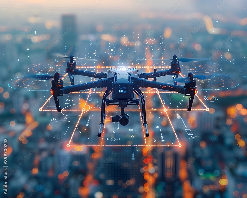 Poster autonomous drone capturing real time data over smart intelligence concept