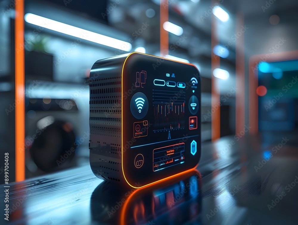 Poster sleek modern home assistant device with holographic interface displaying smart home controls