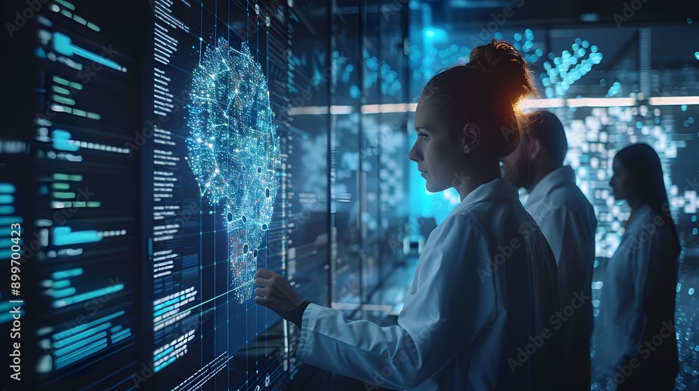 Poster team of scientists analyzing complex data visualizations