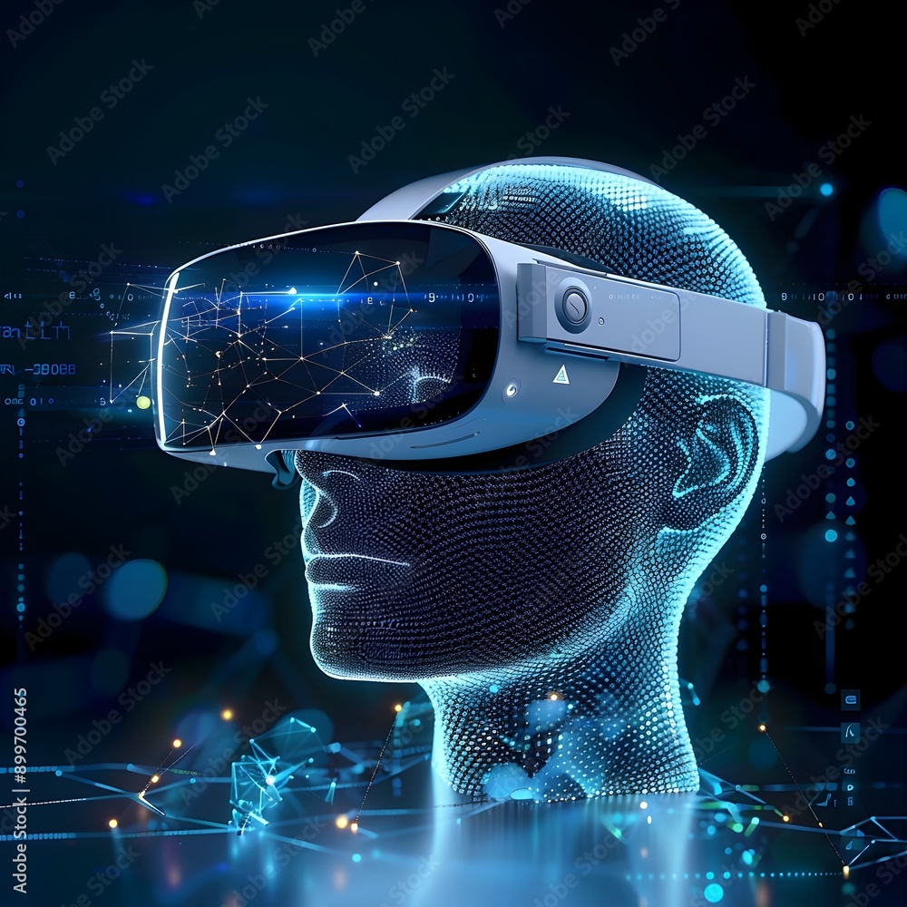 Poster immersive virtual reality headset connected to cutting edge system unlocking boundless digital exper