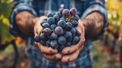 A close-up of a farmer's hands holding a bunch of freshly picked grapes in an autumn vineyard