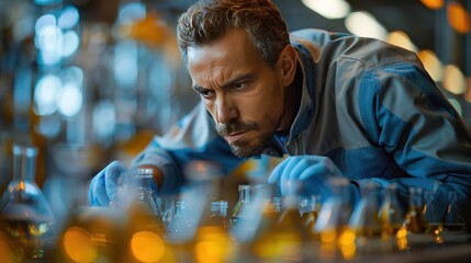 Engineer in Safety Suit Inspecting Crude Oil Quality in Refinery Laboratory