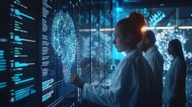 Team of Scientists Analyzing Complex Data Visualizations