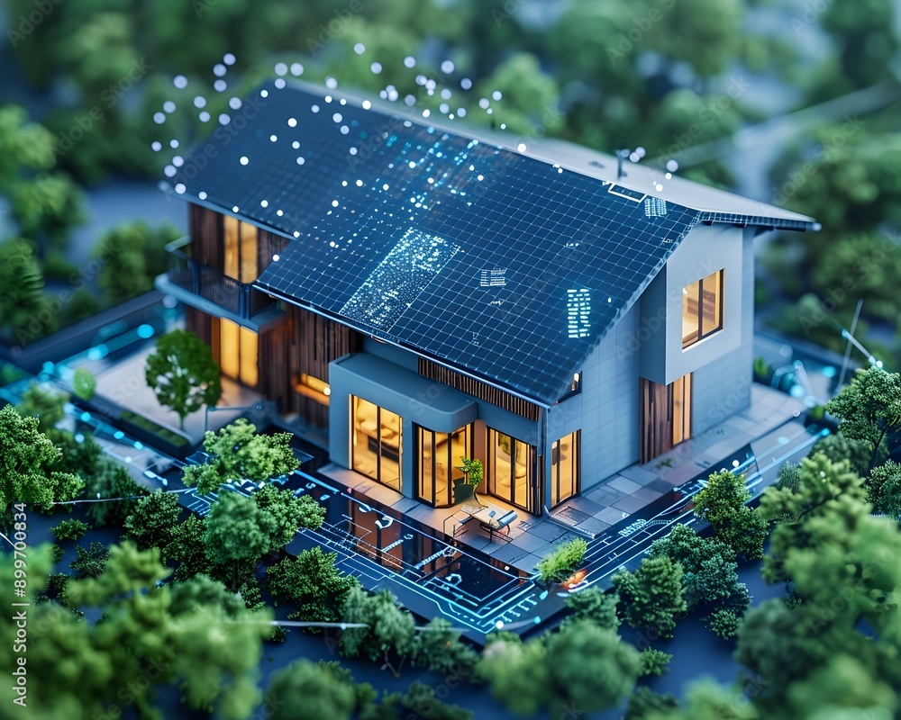 Poster futuristic ai powered smart home with interconnected devices and automation
