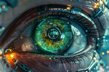 cyberpunk eye, with a vibrant green iris and a digital interface display reflected within it