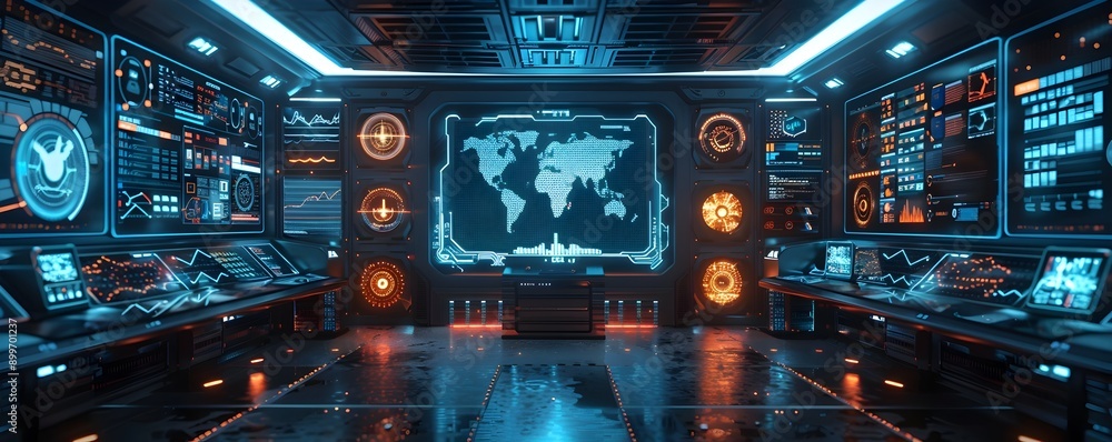 Poster futuristic ai powered control room with holographic interfaces monitoring global systems