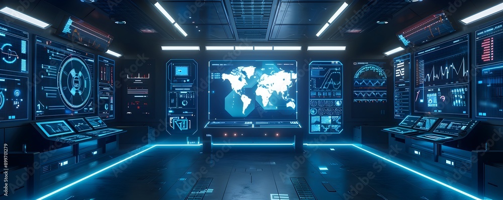 Poster futuristic ai powered control room with holographic interfaces and global monitoring systems