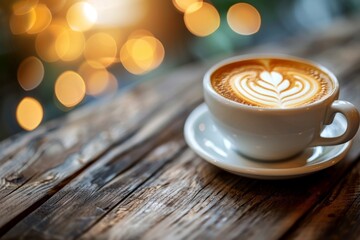 Obraz premium Modern café with a minimalist design and a latte on a wooden table showcasing sophistication and style