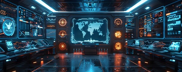 Futuristic AI Powered Control Room with Holographic Interfaces Monitoring Global Systems