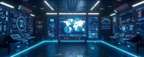 Futuristic Ai Powered Control Room with Holographic Interfaces and Global Monitoring Systems