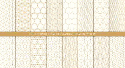 Set of 16 hexagon line seamless pattern backgrounds, vector illustration.