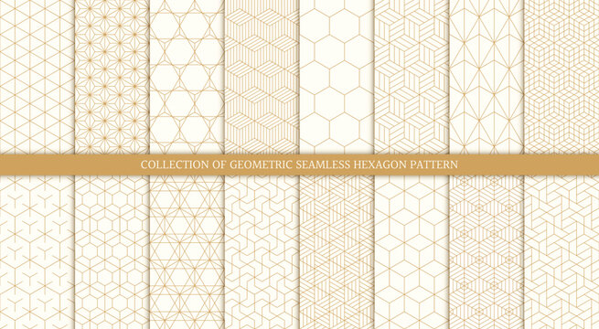 Set of 16 hexagon line seamless pattern backgrounds, vector illustration.