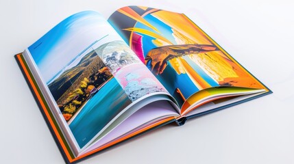 Open book showing colorful pictures of landscapes, printed on high quality paper with a white background