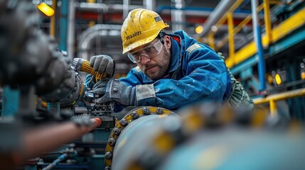 Skilled Worker Repairing Pipeline at Gas Refinery with Specialized Tools and Safety Gear