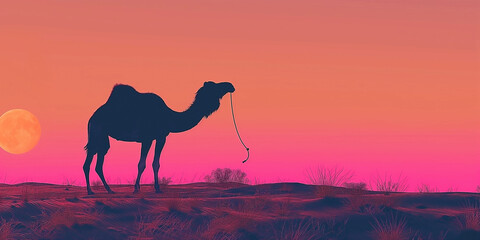 Silhouette of a mountain camel with crescent moon to the left, night landscape for Islamic theme