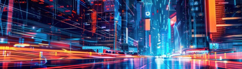 Fototapeta premium Vibrant Urban Landscape: Abstract Neon Signs in Bright Digital Art Colors