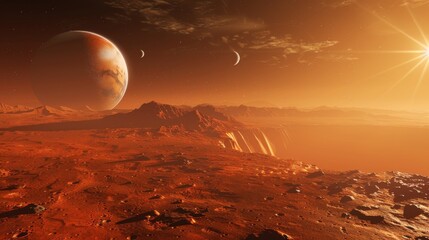  Mars showcasing its dusty, red surface with rocky terrain and the Valles Marineris canyon 