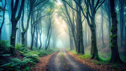 Naklejka premium Mysterious foggy forest path shrouded in mist, mystical, ethereal, fog, trees, pathway, mysterious, enchanting, woods