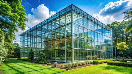 Fototapeta premium Glass building surrounded by lush green gardens, modern, architecture, contemporary, eco-friendly, sustainability, nature