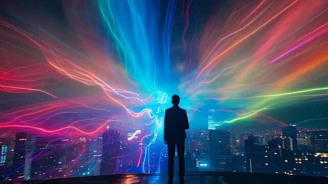 A silhouette of a young man stands on a rooftop at night, gazing at the city with an intense light show in the sky. The colorful beams of light create a mesmerizing and futuristic atmosphere.