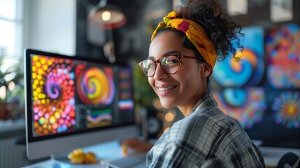 Close-up of young brunette caucasian woman with glasses Looks at the camera and smiles, creating digital art on her computer in bright studio. Concept of creativity and digital design.