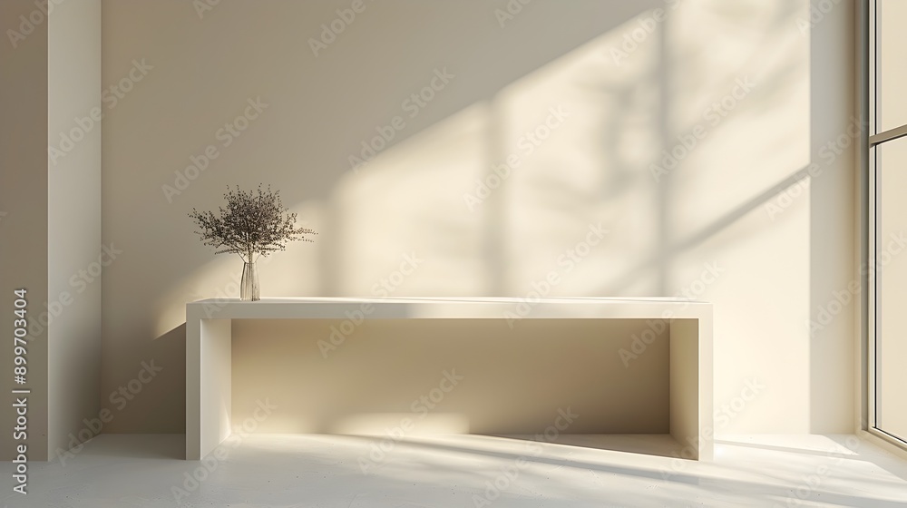 Poster minimalist empty white table with sleek lines and neutral background for product display and brandin