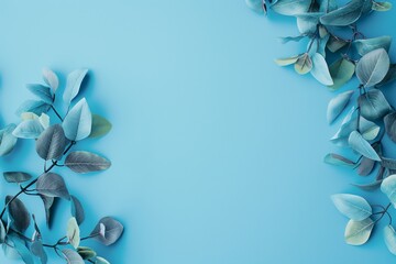 An abstract artistic arrangement of muted blue leaves on a light blue background showcasing simplicity.