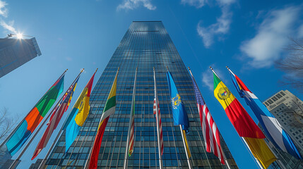 United Nations Headquarters Building With Flags
