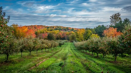 Naklejka premium A picturesque orchard with rows of apple trees heavy with ripe fruit, leaves turning vibrant colors