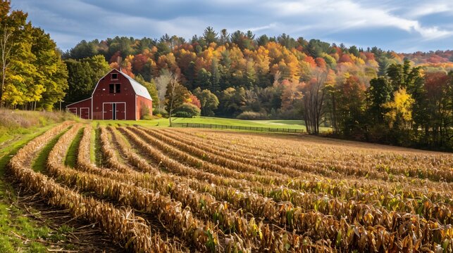 A picturesque farm scene with rows of corn ready for harvest and a red barn in the background
