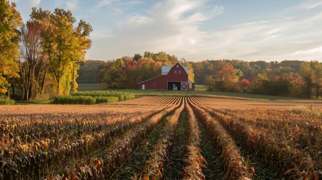 A picturesque farm scene with rows of corn ready for harvest and a red barn in the background