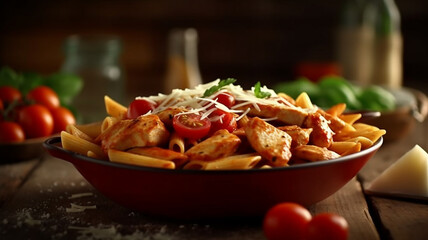 penne pasta in tomato sauce with chicken and tomatoes on a wooden table, Generative AI.